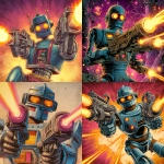 **scifi comic book style, classic robot, holding two ray guns, firing lasers, glowing eyes, colorful, scifi comic book style** - <@186377350642925568> (fast)