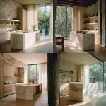 **captured by a world-class luxury architectural photographer with a signature grainy analog style, Hasselblad 500CM, 40mm lens, f/4, ISO 800, 1/60s, low and off-center framing from the corner of the pavilion space looking diagonally across a serene retreat kitchen, bleached oak cabinetry meeting pale limestone counters, large monolithic island of softly honed stone with subtle fossil veining, warm brushed bronze fixtures, open shelving with a sparse arrangement of handmade ceramics, beyond the island a wall of full-height glass opens to the rainforest, sheer curtains drifting gently from the cross-breeze, soft warm neutral daylight, lifted shadows, bloom in highlights, tonal palette of muted stone, sand, and timber, atmosphere quiet and restorative, rich, pronounced 35mm film grain, halation glow on highlight edges, authentic Kodak Portra 160 pushed one stop, analog frame softness without vignetting, gentle color shift in shadow tones, composition imperfect but intentional, like a candid moment in a lived-in space, editorial for Cereal Magazine or Architectural Digest, photoreal analog rendering** - <@837237355722571776> (fast)