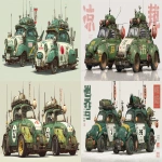 **a dnd style concept art of two feudal japan nuclear powered racing cars made from wood and old iron that inspired by Iso Isetta rally racing cars style, have a radioactive tank with mini nuclear reaction on the roof, have different number in the body, same size but not identical, dark industrial scifi style, labeled as word fastest racing cars, white-green color and hi-viz yellow racing decals with small white hazard markings, mechanical details, Japanese characters graffiti on the body, realistic look, moody atmosphere, a little bit foggy, signal antennas, various size nobori, a lot lucky charms and some lanterns, have japanese anime stickers and some big racing sponsors decals on the body, signal cabbles, on a white background in the style of Studio Ghibli and Makoto Shinkai, cel-shaded, full-body, cartoon, 2D game art --ar 11:5** - <@1043498067623686144> (fast)