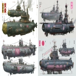 **a dnd style concept art of two feudal japan iron and wooden arctic based space submarines, have different number in the hull, same size but not identical, dark industrial scifi style, labeled as marine research submarines, white base color with small hi-viz pink hazard markings, mechanical details, Japanese characters, realistic look, moody atmosphere, a little bit foggy, signal towers, various size nobori, have japanese anime mural on the hulls, signal cabbles, on a white background in the style of Studio Ghibli and Makoto Shinkai, cel-shaded, full-body, cartoon, 2D game art --ar 11:5** - <@1043498067623686144> (fast)