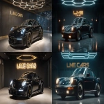 **a ultra realistic high quality photo of a porsche 911 inside a clean dark showroom with a hegagon light above the porsche reflecticting in its dark black paint standing infront of a wall with the text "LME CARS" in gold --ar 16:9** - <@1044962652931248128> (fast)