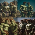 **Realistic 3d rendering. Full body portrait of two characters. ruggedly handsome, Hyper muscular handsome twin green skinned orcs, bright silver eyes, short curly redred hair, short pointed ears, defined muscles, pronounced features, hyper muscular, wide Grecian nose, strong square jaw, defined cheek bones, masculine features, freckles. Bodybuilder. wearing a tight short leather skirt. His oiled skin glistens under intense studio lighting. A strong camera flash highlights the shine on his muscles, creating bright reflections on his body, arms, and thighs. Retro fitness photography style, slightly exaggerated lighting contrast, 90s magazine aesthetic, center-framed, studio portrait shot. Standing and posing in a sunny rocky field. --ar 5:6 --v 7.0** - <@1222981214734913607> (relaxed)