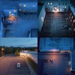 **a high shot over a gym parking lot, with one car parked in the parking lot, far side from gym entrance. Windows at gym entrance, early dawn blue hour dawn.** - <@719736185945063474> (fast)