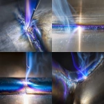 **macro photo of active TIG welding on brushed titanium, brilliant blue-white plasma arc jet connecting sharp tungsten tip to glowing weld puddle, tight focused arc with high-intensity light source, perfect stack of dimes forming along molten seam, vivid oxide bloom in violet, gold, and cobalt blue, tungsten electrode clean and correctly tapered, reflective heat halo on polished titanium surface, ambient smoke trailing through arc light, ultra-shallow depth of field, 85mm lens, studio backlight with controlled shadows, cinematic hard rim lighting, hyper-detailed weld texture, professional process photography --ar 3:2 --q 2 --s 50 --p z4f83u2 --v 7.0 --raw** - <@997245562065789039> (relaxed)