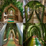 **The tunnel structure is made of thin support poles from a garden arch measuring 1.5 meters in height, 1.2 meters in width, and 5 meters in depth. Inside the entrance of the cardboard arch, the exterior is decorated with a forest interior, and a path made of thin rainbow-colored vinyl tape is depicted on the floor.a cotton cloud canopy, and an interior resembling library shelves mapped onto cardboard at the end of the forest. A children's attraction interacting with a server station is installed by covering office desks and displays with fabric, placing them in the pathways between desks, removing desk chairs to create pathways, and masking the lower parts of desks with green curtains. Cardboard guardrails are installed up to waist height, creating a bright and cheerful atmosphere. --ar 4:3 --v 7.0** - <@580349603761750038> (fast)
-# Create, explore, and organize on [midjourney.com](<https://midjourney.com/imagine?from_discord=1>)