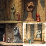 **dnd; room in an egyptian temple; a sculpture of a bronze forearm and clenched fist rises from the floor in the middle of the room; a shrivled egyptian high priest with pharoah garb stands next to the raised fist sculpture --v 7.0** - <@771747841559232613> (fast)