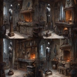 **a suit of platemail armor on a stand in a blacksmith shop with a forge and ore and swords hanging on the wall, D&D art --ar 5:3** - Variations (Strong) by <@632328592499539989> (fast)