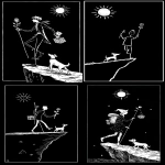 **The Fool tarot card by Sarah Andersen. The image is black and white and depicts a man with one foot on the edge of a cliff, holding a small stick with a small package and a small white rose in his hand, and a dog at his feet, all set against a black background. The sun is on the sky, and the overall design is simple yet striking, in the style of Sarah Andersen. --ar 3:5 --v 7.0** - <@409716268476923920> (fast)