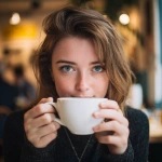 **A Headshot of a woman about twenty-eight years old in a bright and airy UK cafe. She is looking directly at the camera and about to sip froma large white coffee cup. Leave room on the front of the coffee cup for text to be overlaid.** - Image #4 <@1212431320798728272>