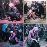 **A fast, strongly colored painting, heavily in tones of pink, white, purple-blue and black, Paris streets, Victorian era, focusing on an old beggar woman, shabby, sad, dirty, begging on the street, sitting, people around her, in a full-screen shot, dark atmosphere. Painted by Jenny Saville** - <@1106776019475636345> (fast)