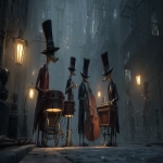 **Rats in suits and fedoras playing Jazz on vintage instruments in a dimly lit sewer, surrounded by mist and flickering lanterns; in the style with bold geometric shapes and expressive lines, blended with the cinematic noir and the moody atmospheric lighting, in stunning 32k resolution. Harlem Renaissance. --ar 16:9 --p on7n3qo --v 7.0** - Upscaled by <@935178814189862912> (relaxed)