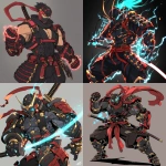 **Original anime character, fully colored in vivid anime palette, hand-drawn anime style, thick bold outlines, clean cel-shading, visible sketch lines for clarity, crosshatching on fabric folds and anatomy beneath clothing. Character design: a masked samurai-brawler hybrid wearing a black gi trimmed in red and gold, layered armor plates across shoulders and forearms, glowing blue eyes visible through the mask, muscular frame beneath the fabric. Flowing battle sash caught in motion, katana strapped across the back, fists clenched with energy radiating subtly. Clear line art showing every feature without clutter, balanced composition emphasizing face and body. Perspective: low-angle upward shot emphasizing size and power. Ultra-detailed full-color anime artwork, uncluttered background, composition focused entirely on the character’s clothing, form, and presence. --niji 6 --raw** - <@266429059049848832> (fast)