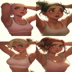 **a cute cartoon girl character sweating with visible sweat beads and flushed cheeks, wearing a simple sleeveless tank top with soft pink, big expressive eyes and dynamic pose conveying heat and exertion, soft pastel color palette with light shading, clean bold line art, in the style of 3812017171 --ar 9:16 --sref 307417348** - <@1391658406728826971> (fast)