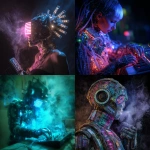 **futuristic cybernetic android DJ, modular synthesizer, computer chips, LEDs, psychedelic, blacklight, smoke and mirrors --v 7.0** - <@338517453451821057> (fast)