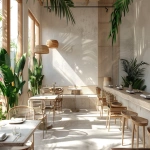 **A minimalist tropical restaurant design, seamless indoor-outdoor flow, white concrete walls, warm wood slats, lush indoor plants, rattan furniture, soft natural sunlight, serene atmosphere, architectural visualization --ar 3:2 --v 6.0** - Image #4 <@1296729788215595112>