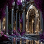 **geomagnetic storm, in a hyper-realistic close-up photo of ultra futuristic gold palace in the middle of a colorful flower field of flowers and green grass surrounded by black marble romanic columns, airy and dreamy atmosphere, the whole scene creates an elegant feeling, soft lighting highlights the subtle details in the photography of the building, photorealistic textures, the lighting highlights the glossy reflective texture of the glass and creates a luxurious. High resolution, the light falls from the side, creating soft shadows and gentle highlights on the surface of the palace. super detailed, aesthetic, high-definition macro photography, unusual and very detailed conceptual style, HD quality. reflects exquisite craftsmanship and modern style, inspired by Martin Sandino architecture & photography. --ar 7:3 --v 7.0 --p eetexlg --s 1000** - Image #4 <@676464400542203914>