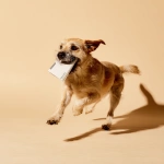 **A scrappy, medium-sized mixed-breed dog dashes through a professional photography studio, solid cream background, clutching a white Moleskine notebook in its mouth. The camera follows in a dynamic tracking shot at low angle, emphasizing the dog’s swift movement and determination. Bright lighting, soft shadows, casting warm highlights on the scene. Happy mood, occasional barking, footsteps echoing faintly. Style is clean and minimalist, capturing spontaneous life. No humans visible. Cinematic, no subtitles. --s 50 --raw** - Image #2 <@1041542379544526880>