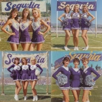 **ultra realistic, highly detailed, photographic image of three beautiful high school pompom girls of the 1960’s smiling happily with a beautiful well manicured football field behind them. Their short skirted deep purple and white outfits have a calligraphic "S" on the bodice. Above them is a huge attractive banner saying "Sequoia". HD --v 7.0** - <@1327691479602298971> (fast, stealth)