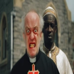 **<https://s.mj.run/cwTvEep8bpY> wearing a catholic priest wardrobe with a crazy insane facial expression, standing beside a Nigerian man who is wearing traditional Nigerian wardrobe, old church in the background, realistic, photorealistic, --ar 16:9 --v 7.0 --s 50** - Image #1 <@990985509620842596>