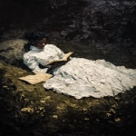 **a dark, moody oil painting in thick, chunky impasto of an african american woman in a victorian white dress laying on a blanket outdoors reading a book. in the style of Johann Henry Fuseli. --ar 3:4 --v 7.0** - Image #1 <@693132661379825714>