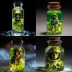 **Un frasco de cristal pequeño cerrado con corcho, conteniendo un líquido verde luminoso (verde pistacho) donde flota una mujer astronauta con casco (estilo realista, traje espacial detallado), mirando directamente a la cámara. Este frasco está dentro de un segundo frasco más grande, con líquido ámbar transparente (color marfil), rodeado de frutillas granate (ciruelas pequeñas) flotando. A su vez, este segundo frasco está sumergido en un tercer recipiente abierto, con líquido azul translúcido (como agua de mar iluminada). Estilo surrealista hiperrealista, iluminación dramática, texturas húmedas y reflejos cristalinos. Inspiración: Remedios Varo meets David LaChapelle, detalles científicos vintage (botellas de laboratorio años 50).** - <@755517668227809280> (fast)