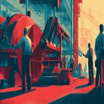 **1940s poster artwork bold flat lines shadows striking colors people building a productivity machine for the future --ar 3:2 --v 7.0** - Image #4 <@812550296944377857>