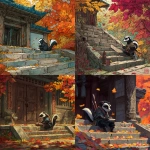 **a ronin skunk sits on the steps in front of a temple writing poetry while pensively watching colourful autumn leaves falling 🍂🦨🏹⚔️ 🌈✏️** - <@559099678189289495> (fast)