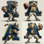 **<https://s.mj.run/gwNkfqGC_hY> a sports logo, A block letter A in the background with the picture holding a football. colors are navy Blue, Metallic Gold, and cream, cartoon style art, white backgroun --s 250** - Variations (Strong) by <@180156009745088513> (fast)