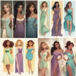 **three women. One is a fantasy white girl with tanned olive skin and curls in dirty blond hair to her waist. She wears a tea length dress in soft sea foam green with cream color accents. The second is black with big coils of hair down her back and a purple dress. The third is a girl with light brown skin and brunette hair. She wears blue.** - <@1409384572613034007> (fast)