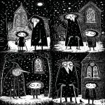 **Five of Pentacles tarot card by Sarah Andersen. The image is black and white and depicts a an old hag with crutches walking from left to right with a man behind her passing by the camera. They walk in the snow passing a church window with stained glass depicting five pentacles. The hag wears a cloak. all set against a black background, and the overall design is simple yet striking, in the style of Sarah Andersen. --ar 3:5 --profile fllp7es** - Variations (Strong) by <@409716268476923920> (fast)