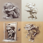 **children's book illustration, in style of caricature with black and white ballpoint pens with grey marker shadow areas, sepia or grey paper; high resolution, ultra-high definition, high detail, high quality --ar 35:53 --v 6.1 --p cmzs2dz --raw** - <@1202719359680774145> (fast)