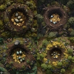 **aerial, bird-eye-view of a massive birds nest. nside the nest are scattered golden coins, glinting weapons, and large speckled eggs nestled in downy moss.** - <@878478340170866709> (fast)