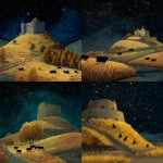 **scottish motte-and-bailey Castle on a hill with 4 dun Galloway catlle , dark night with shining stars in autum** - <@687598645855649848> (fast)