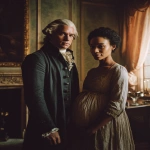 **Old Thomas Jefferson with flat white hair and short fringe, and a pregnant beautiful, part African Sally Hemings at the ornate Monticello mansion, late 18th century, standing in a softly lit interior with period-accurate clothing, looking at camera, Jefferson in refined colonial attire, Hemings in modest dress of the era, Old Thomas Jefferson and beautiful Sally Hemings, warm natural window light, nuanced expressions, dignified and respectful tone, historical realism, rich decor, photography, aesthetics, high resolution. --ar 4:5 --v 7.0 --no smiles** - Image #1 <@1121132320154452121>