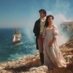 **photograph type picture of a gorgeously handsome man with dark hair and blue eyes dressed in Regency era clothing. He is standing on a cliff top with a beautiful woman also wearing Regency era clothing - empire line dress with high waist. They are holding hands and watching a sailing ship of the type like HMS Victory. It is sunny. They are happy --v 7.0** - Image #3 <@1160482508425658468>