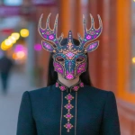**woman wearing a mahogany moose mask, in the style of baroque-punk, thriftcore, outsider art, clockpunk, album covers, light orange and dark magenta, illustrative satire --ar 45:56 --s 750 --p 248jcws** - Image #1 <@1007106543935823902>