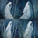**phantom woman with a white vaporous dress , covered with a veil, floating between the trees melancolic, scary, sad, gouache painting --v 7.0** - Variations (Strong) by <@1282363709964025901> (fast)