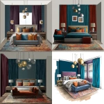 **a realistic layout design of a jewel tone coloured room. point of view is eye level. The room is 11′ wide and 28′ 5″ long and 6' high. Place the queen bed (with headboard against the wall). No windows. Place curtains above the bed’s headboard; drape curtains to create a cocoon effect. On either side of the bed place two bedside tables. Layer a large rug extending forward from the bed into the centre of the room. Incorporate a cluster of pendant lamps above. Colours are jewel tones: Deep teal or charcoal indigo for the main wall behind the bed. Dusty plum for the side walls. Textiles Teal, rust, and gold appear in rugs and pillows.** - <@458629979165687852> (fast)