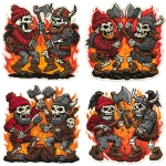 **Ad for Axe throwing company. A skeleton Lumberjack, wearing a Red Buffalo Plaid Beanie and Shirt and a Skeleton Viking Wearing Body Armor fighting each other with axes. Fierce, Angry, Flames, Skulls, Crows, Cartoon, Thick Black Outline, White Background, Sticker, Vector --v 7.0** - Variations (Strong) by <@1067982535730151454> (relaxed)