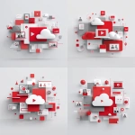 **A minimalist graphic design in red and gray colors, a big Symbol for Video, health, legal dokuments, a cloud-computer, a screen. On a pure white background. Small icons representing law, external consultants are shown as sharp, fascinating objects. The overall composition should convey the message that secure video conferencing is maximal important. Style: Clean, modern, corporate design with sharp contrasts between red and gray elements** - Variations (Strong) by <@1092756638915629066> (fast)