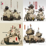 **a dnd style concept art with Ashley Wood details of two feudal japan wooden and old iron nuclear powered main battle tanks, Japan Meiji era armada, have different number in the body, same size but not identical, dark industrial scifi style, labeled as armada best units, white-light sand color with wood camo accents and small hi-viz yellow and red hazard markings, mechanical details, Japanese characters graffiti on the bombs, realistic look, moody atmosphere, a little bit foggy, signal towers, various size nobori, various size lanterns, robotic-mechanical arms, have japanese anime mural on the body, signal cabbles, on a white background in the style of Studio Ghibli and Makoto Shinkai, cel-shaded, full-body, cartoon, 2D game art --ar 11:5** - <@1043498067623686144> (fast)