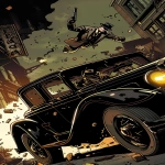 **realistic graphic novel illustration, 1920s prohibition era, wide theatrical daytime shot of an entire street as a battlefield, multiple gangster silhouettes engaged in a gunfight, men in dark suits taking cover behind vintage cars and brick walls, daylight scene with overcast sky, natural diffused light, gunfire flashes visible in daylight, dust and smoke filling the air, civilians fleeing in the background, one body lying on the ground suggested in shadow, violence shown as public and unavoidable, tragic distant tone, no heroic focus, warm muted color palette, dusty browns, faded gold, dirty beige, adult realistic archer-inspired graphic novel style, painterly composition, frozen moment of chaos, grainy film texture, cinematic distance, --ar 9:16 --v 6.0 --sref <https://s.mj.run/Zdn2IhGsQkM> --raw** - Image #4 <@722459746162049074>