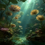 **an underwater forrest with soft light from above, new ammonite amanita species populating the forrest, fantasy illustration style --q 2 --s 250** - Image #4 <@1144705496306159626>