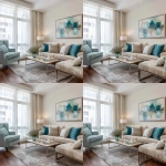 **interior design of a model unit showing the living area in french country style. walnut wood floor. light brown 3-seater sofa. teal, light blue and beige throw pillows. french provincial lounge chairs. sheer white curtains. artwork with teal still life painting, modern gray area rug, abstract painting in teal and white, light rustic brown wood, metal legs for the lounge chairs --v 7.0** - Variations (Region) by <@1231814052913877045> (fast)
