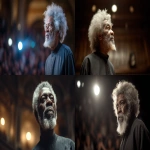 **eye-level front-facing shot, photo realistic of an elderly black man in his 60s, with fascinating grey afro and moderate grey beards, head to toe view, standing fully in frame, addressing the student at Oxford University United Kingdom, standing with one hand in his pockets , blurred out audiences in the background and surrounding, detailed aesthestics, beautiful stage lights, wearing smooth dark african native outfit, detailed image, --ar 16:9 --v 7.0** - <@1065391125663322203> (fast)