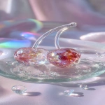**a highly detailed crystal cherry art piece, shaped like a pair of cherries made entirely of translucent gemstone, iridescent rainbow reflections, sparkling diamond-like textures, placed on a clear glass plate, surrounded by crystal droplets, soft pastel lighting, dreamy glossy aesthetic, hyper realistic photography, fantasy luxury concept --ar 9:16** - Image #4 <@1240240057374478349>