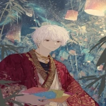 **A cute anime boy with white hair, wearing elegant red and gold festival robes adorned with intricate star and bamboo patterns, smiling warmly in a half-body portrait. He wears a delicate golden necklace and holds colorful tanzaku wish papers in one hand. The background is a dreamy Tanabata night sky filled with glowing stars, weaving milky way ribbons, and floating lanterns, with bamboo branches decorated with wishes gently swaying. His clear eyes and long eyelashes shine with soft reflected starlight, his lips a gentle red, big brown pupils glimmering with hope, sharp yet kind eyes, and a charming smile. The entire scene is detailed, romantic, and ethereal, capturing the magical beauty of Tanabata. --ar 85:128 --v 7.0 --p mwpi95x** - Image #1 <@451473582770618389>
