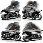 **a speeder motorbike standing on a rocky road, in the background on the winding road there is a bonfire with a flame --ar 1:2 --s 750 --sref <https://s.mj.run/PapqrsDryp0>** - Variations (Strong) by <@1167122440648937554> (fast)