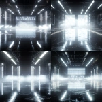 **futuristic sports arena interior, glowing with black, silver and white lights, holographic LED panels stretching across the back wall, fractured ice shard textures embedded in the walls, metallic beams and chrome accents, spotlights shining through thick volumetric fog and icy haze, glossy reflective floor with silver prism reflections, symmetrical wide cinematic perspective, crisp linear lights adding depth, legendary and immersive high-tech atmosphere, perfect for hockey trading card background --ar 2:3 --q 2 --v 6.1 --raw** - Variations (Strong) by <@1007029574430892245> (fast, stealth)
