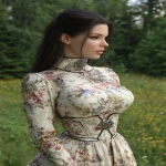 **ultra realistic, highly detailed high necked summer luncheon dress mid calf, long sleeved worn by a beautiful young woman standing with a lovely park behind her. HD --v 7.0 --ar 2:3** - Image #1 <@1327691479602298971>